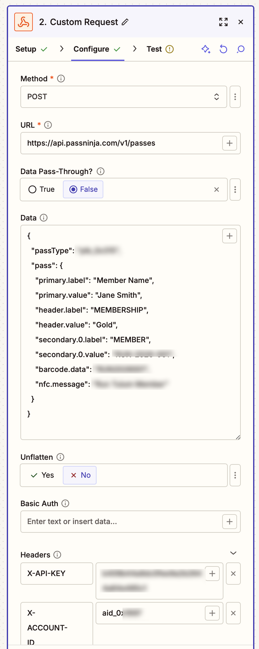 Zapier webhook configuration with URL, data, and headers