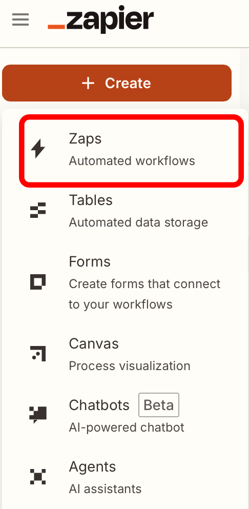 Zapier Create menu showing Zaps option