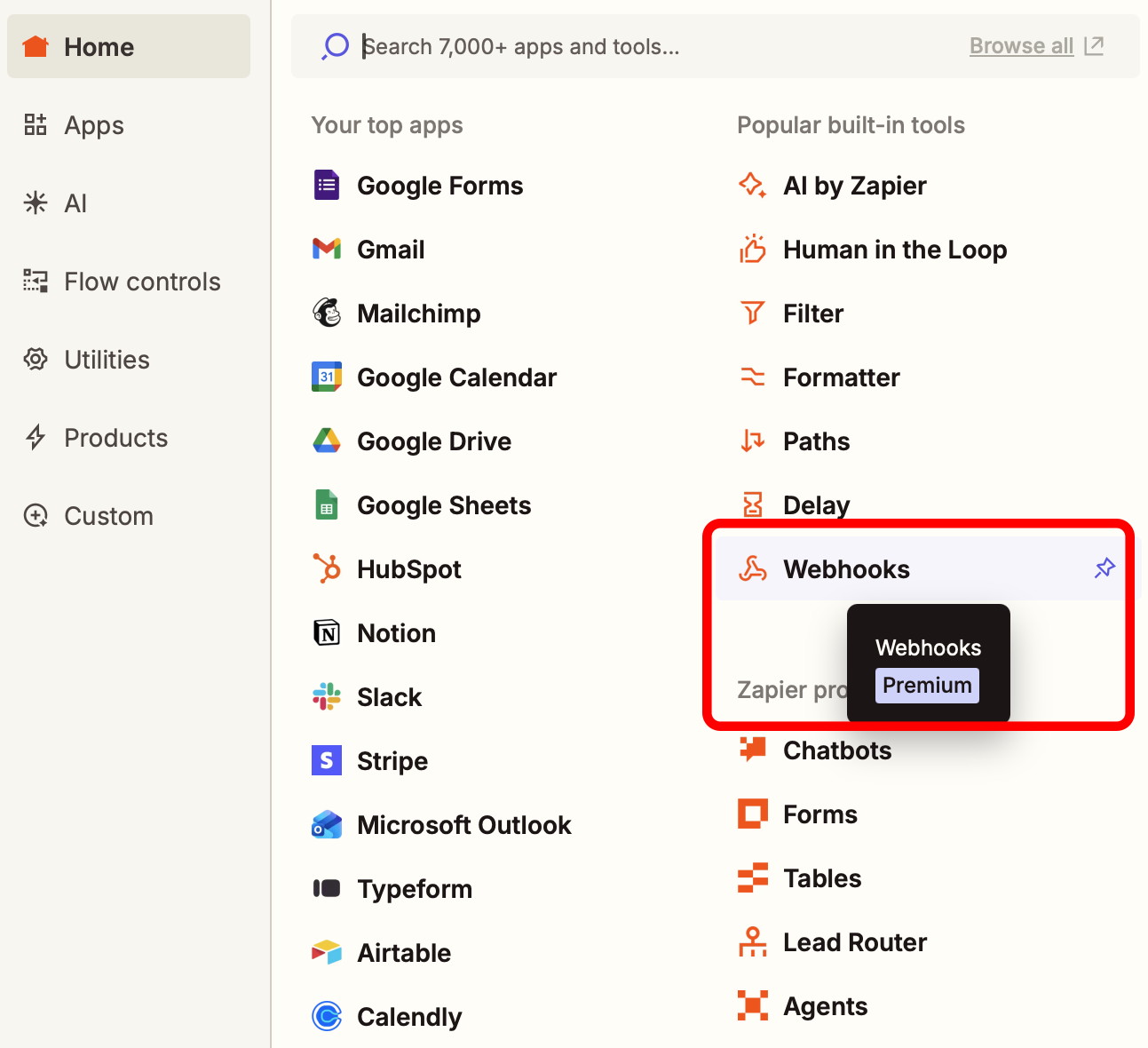 Zapier app search showing Webhooks option